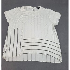 St Johns Keyhole Blouse Women Medium White Blue Pinstripe Rayon Short Sleeve Top